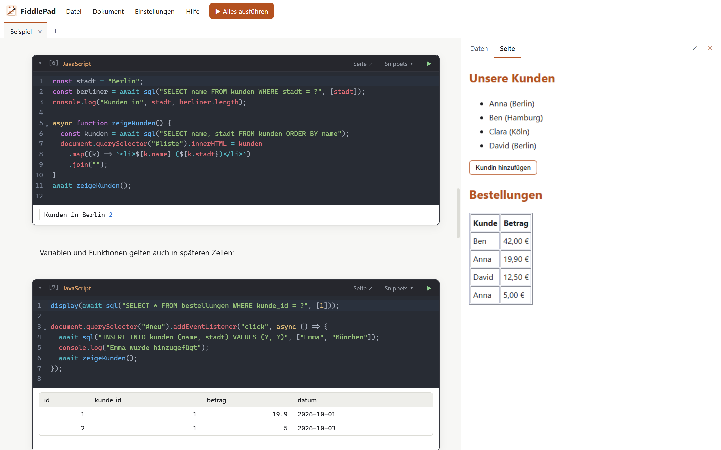 JavaScript-Zellen links, rechts die fertige Seite mit Kundenliste und Bestellungen