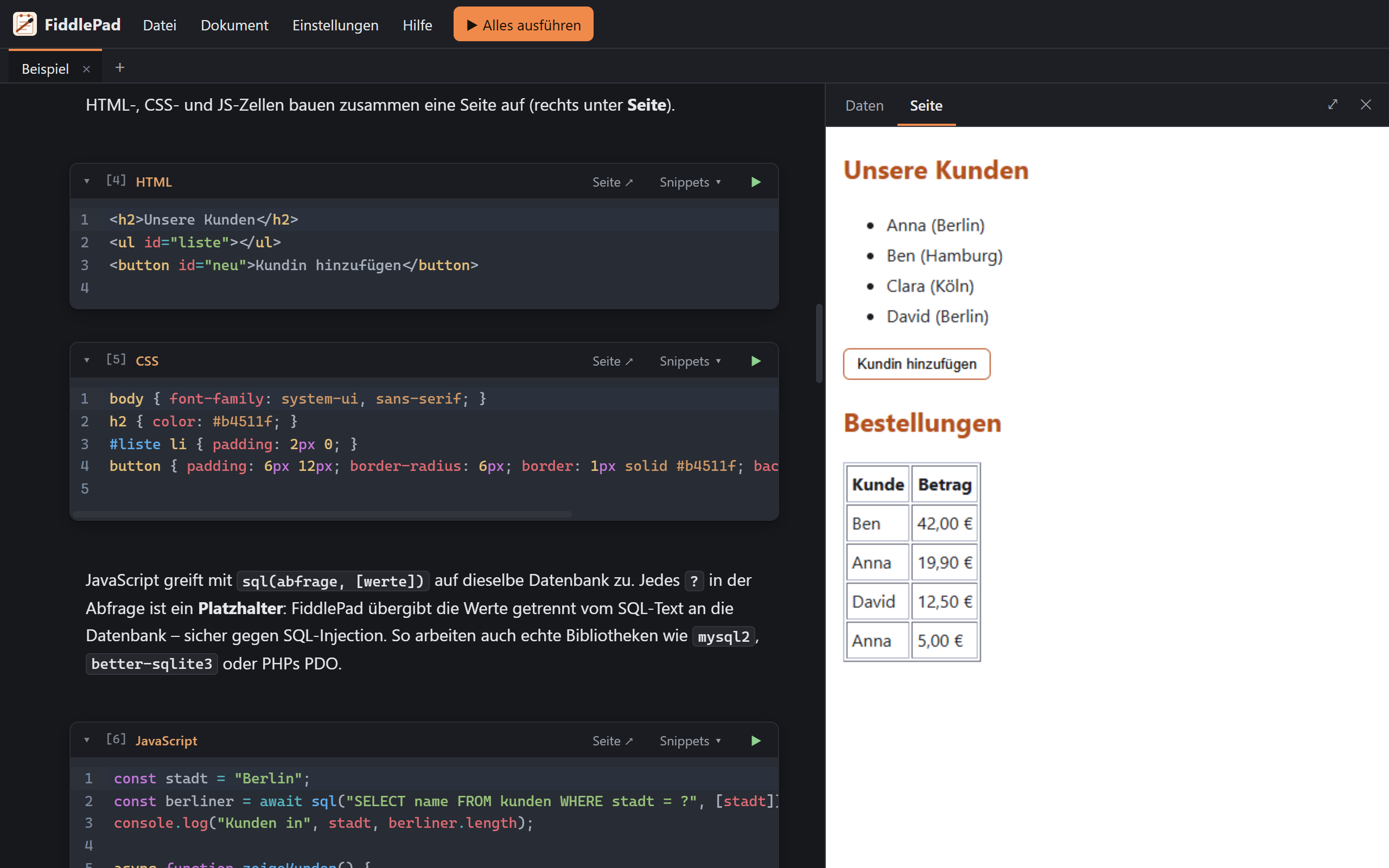 FiddlePad im dunklen Design auf einem Tablet: HTML- und CSS-Zellen und die Seite daneben